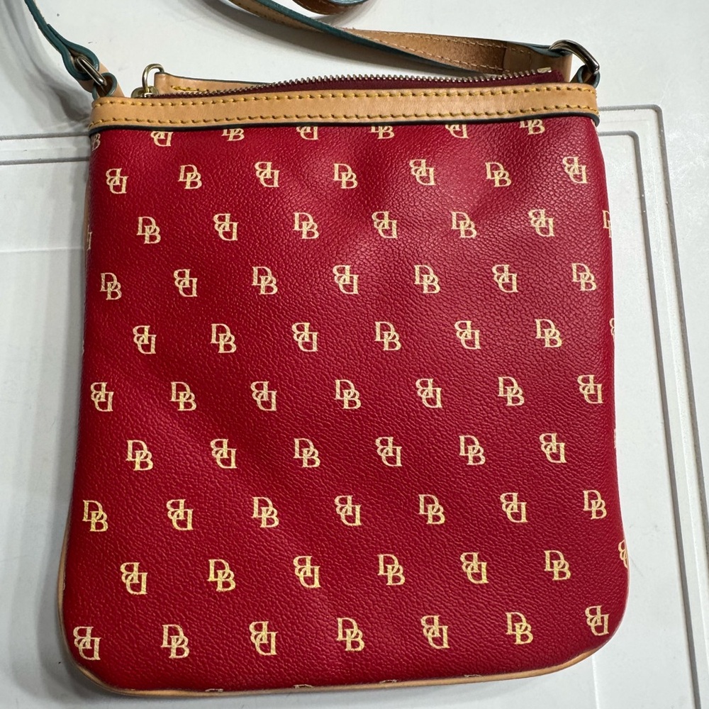 Dooney & Bourke Leather Letter Carrier Crossbody Red Tan Monogram Bag Purse - Picture 5 of 5
